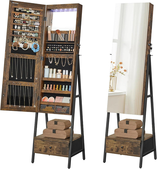 LED Cabinet Standing, Lockable Jewelry Armoire with Full-Length Mirror, Space-Saving Jewelry Organizer with Mirror, Bottom Drawer and Shelf, Gift Idea, Rustic Brown UJJC025X01