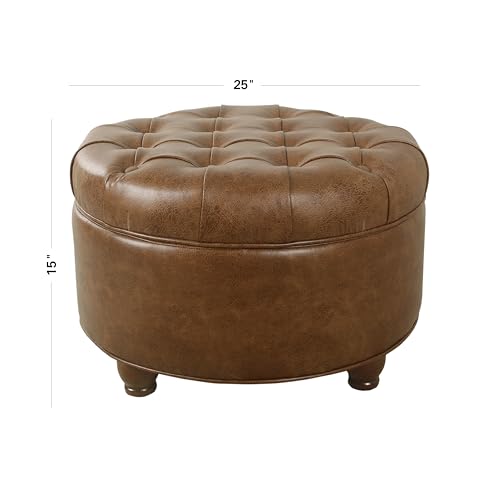 25" Button Tufted Round Storage Ottoman - Brown Faux Leather