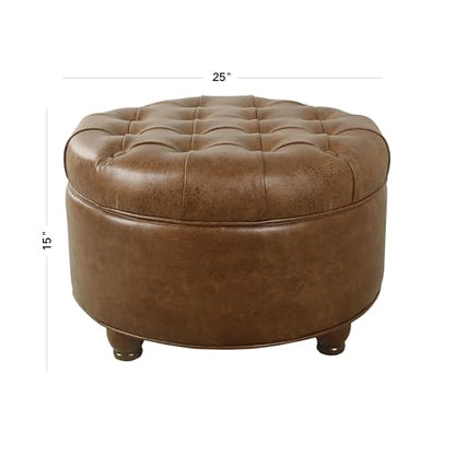 25" Button Tufted Round Storage Ottoman - Brown Faux Leather