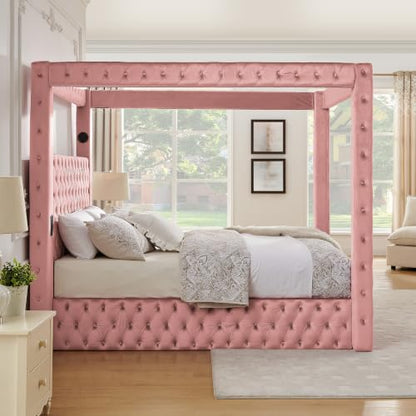 Queen Size Velvet Canopy Bed with Button Tufted Headboard, Pink, view 5