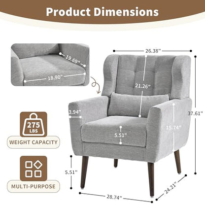 Modern Accent Chair, Upholstered Arm Chair with Waist Pillow, Single Sofa Chair for Living Room Bedroom Small Spaces (Light Gray)