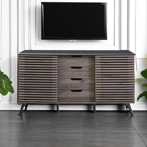 Modern 4 Drawer Sliding Door Wood Cabinet Buffet Entryway Serving Storage Cabinet Doors Dining Room Console, 59 Inch, Black and Slate Grey