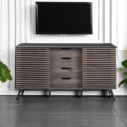 Modern 4 Drawer Sliding Door Wood Cabinet Buffet Entryway Serving Storage Cabinet Doors Dining Room Console, 59 Inch, Black and Slate Grey