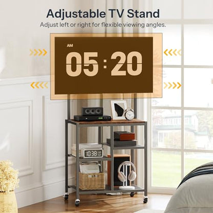 Small TV Stand with Wheels and Mount for 50 Inch TVs, Mobile Rolling TV Stand with Storage Shelves, Small Entertainment Center, for Living Room, Bedroom, Study, Rustic Brown BF37DS01