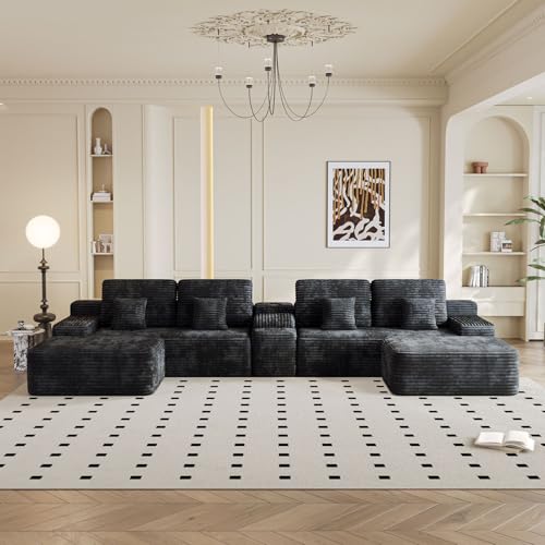 150" U-Shaped Oversized Corduroy Modular Sectional Sofa with 2 Ottomans and Multi Functional Console, 6-Seater Upholstered Couch with USB and 2 Cup Holder, Easy Assembly, for Living Room, Black