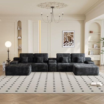 150" U-Shaped Oversized Corduroy Modular Sectional Sofa with 2 Ottomans and Multi Functional Console, 6-Seater Upholstered Couch with USB and 2 Cup Holder, Easy Assembly, for Living Room, Black