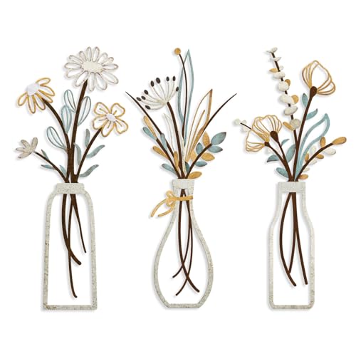 3 Pieces Metal Flowers Wall Art- Rustic Farmhouse Decor Minimalist Decor for, view 2