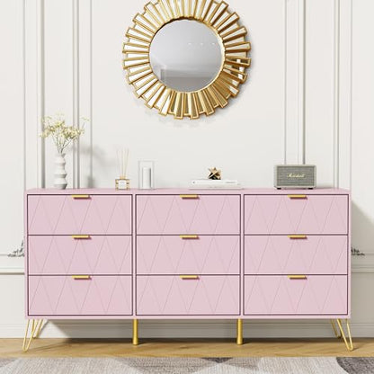 Pink 9 Drawer Dresser for Bedroom with Gold Handles, Long Dresser & Chest of Drawers with Deep Drawers, Modern Wood Dressers for Closet Living Room（Pink）
