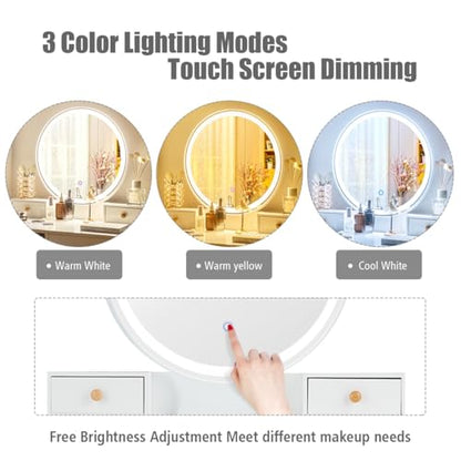 Vanity Set with Lighted Mirror, 3 Color Touch Screen Dimming Mirror, Adjustable Brightness, Bedroom Makeup Dressing Table with 4 Drawers and Cushioned Stool for Girls Women, White & Gray