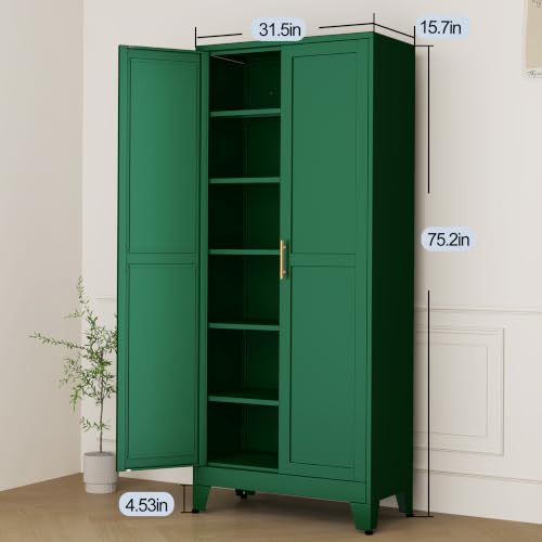 Green Metal Storage Cabinet,75" Steel Cabinets for Home Office | Kitchen Pantry Storage Cabinet with Doors and 5 Adjustable Shelves, Tool Cabinets, for Office, Home, Garage, School