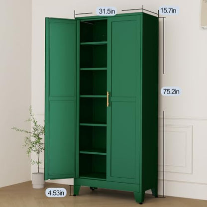 Green Metal Storage Cabinet,75" Steel Cabinets for Home Office | Kitchen Pantry Storage Cabinet with Doors and 5 Adjustable Shelves, Tool Cabinets, for Office, Home, Garage, School