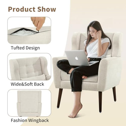 Modern Accent Chair, Upholstered Arm Chair with Waist Pillow, Single Sofa Chair for Living Room Bedroom Small Spaces (Beige)