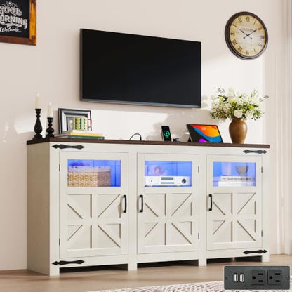 64" Large LED Farmhouse TV Stand for 70/65/60 Inch TVs with Power Outlets, view 4