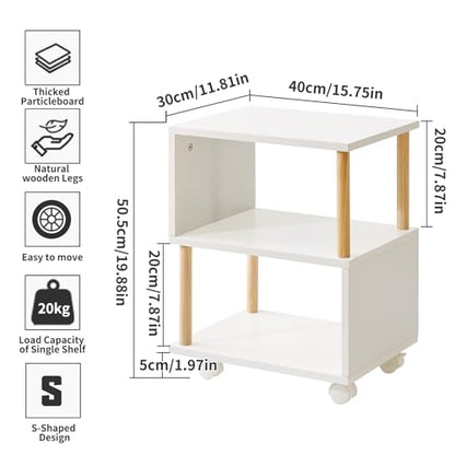 Wooden Night Stand with Open Shelf, Nightstand with Wheels, S-Shaped Bed Side Table 3 Tier, 20 inch High End Table White YD-TM155W