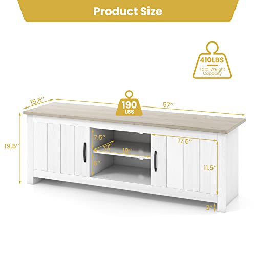 2 Doors TV Stand for TVs up to 65”, 57” Media Console Table w/ 2 Cabinets & Open Shelves, 2 Cable Management Holes. Wood Entertainment Center Cabinet for Living Room (White Oak)