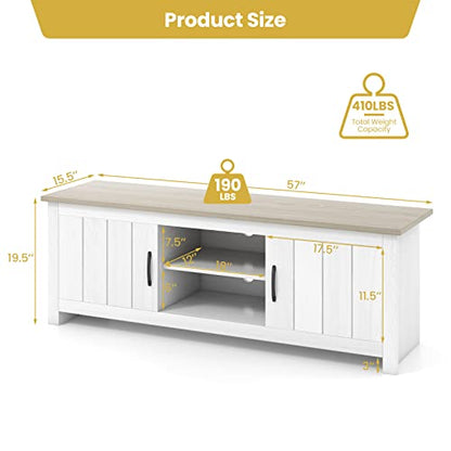 2 Doors TV Stand for TVs up to 65”, 57” Media Console Table w/ 2 Cabinets & Open Shelves, 2 Cable Management Holes. Wood Entertainment Center Cabinet for Living Room (White Oak)