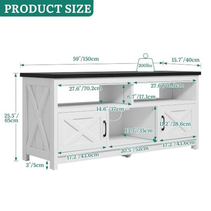 59 Inch TV Stand with Power Outlets for 65" TVs, Black/White, view 3