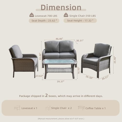 4-Piece Wicker Patio Furniture Set, All-Weather Rattan Conversation Bistro Loveseat Chair and Table Set for Backyard, Balcony and Deck with Soft Cushions and Metal Table(Dark Gray)