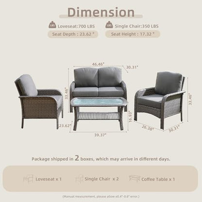 4-Piece Wicker Patio Furniture Set, All-Weather Rattan Conversation Bistro Loveseat Chair and Table Set for Backyard, Balcony and Deck with Soft Cushions and Metal Table(Dark Gray)