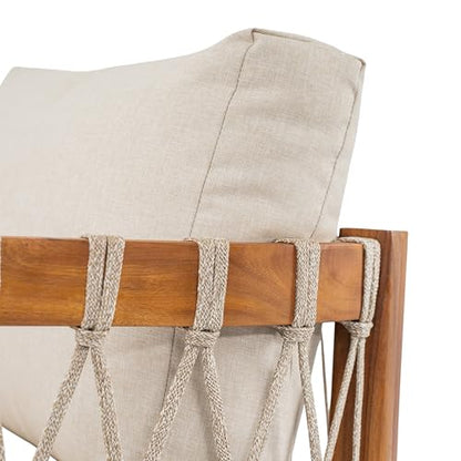 Coastal Haven Acacia Wood Lounge Chair Outdoor with Removable Cushion, Wooden Patio Accent Chair with Woven Rope Details, Outdoor Armchair for Patio Furniture Set, Teak+Beige