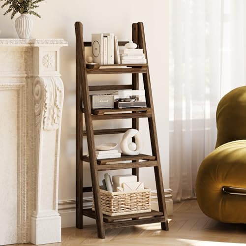 Ladder Shelf 4-Tier Foldable Solid Wood Bookshelf Plant Stand, view 5