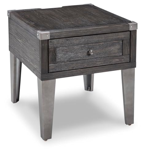 Dark gray industrial square end table with drawer and charging ports, view 2