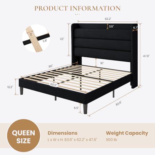 Storage Queen Bed Frame with Charging Station Headboard, Black, view 3