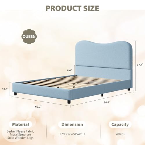 Queen Bed Frame with Boucle Fabric, Blue, view 4