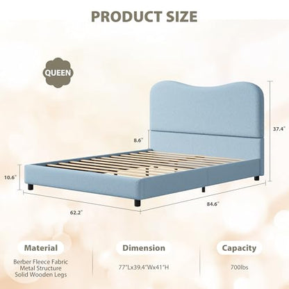 Queen Bed Frame with Boucle Fabric, Blue, view 4