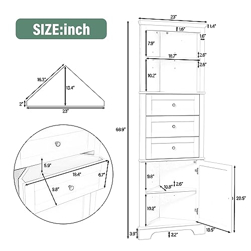 69 Inch Tall Corner Storage Cabinet with Adjustable Shelves, White | White MDF, bathroom kitchen or living room, adjustable shelves, open shelf, enclosed cabinet, triangle compartments, 23 in W