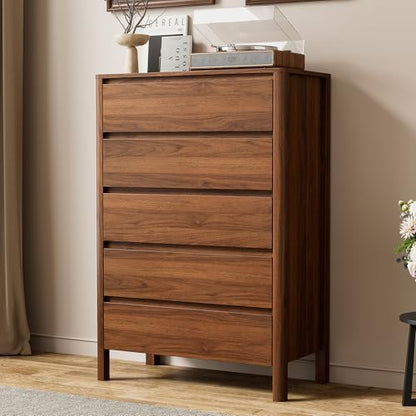 Walnut Dresser for Bedroom, 5 Drawer Dresser with Wood Legs, Tall Wood Dresser, view 2