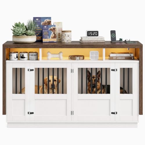Furniture Dog Crate, 71" Double Dog Crate Furniture Brown & White, view 8