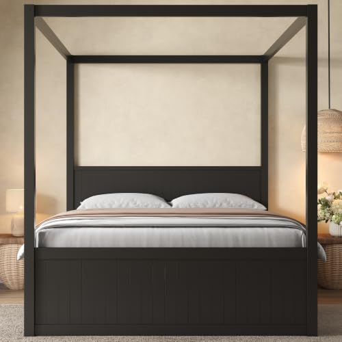 Queen Canopy Platform Bed with Twin Trundle & Storage Drawers, Black, view 4