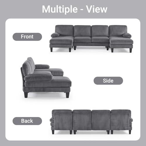 110" Sectional Couches for Living Room,U Shaped Couch with Double Chaise, 4-Seat Sofa Set with Corduroy Fabric for Home Furniture,Grey