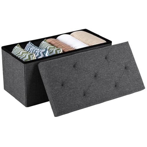 30 Inch Folding Storage Ottoman Bench, Large Hidden Storage Chest with Padded Seat, Foot Rest Stool Supports Up to 660Lbs, End of Bed Bench for Bedroom, Living Room, Linen Fabric, Grey