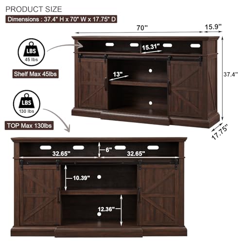 Farmhouse TV Stand for 80 Inch TVs, 37.4"Tall Entertainment Center w/Storage Cabinets and Sliding Barn Door, Media Console Cabinet w/Soundbar & Adjustable Shelves for Living Room, 70 inch (Brown)