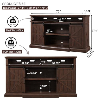 Farmhouse TV Stand for 80 Inch TVs, 37.4"Tall Entertainment Center w/Storage Cabinets and Sliding Barn Door, Media Console Cabinet w/Soundbar & Adjustable Shelves for Living Room, 70 inch (Brown)