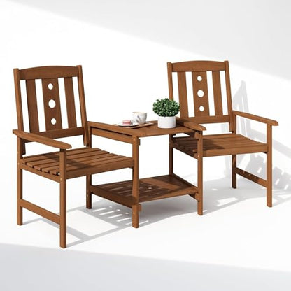 Patio Bistro Set with Integrated Coffee Table and Umbrella Slot Outdoor Dining Furniture for Garden, Porch, and Terrace in Natural Wood-Look Finish