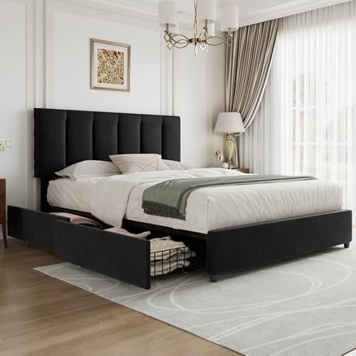 Queen Size Bed Frame with 4 Storage Drawers, Adjustable Height Headboard, view 2