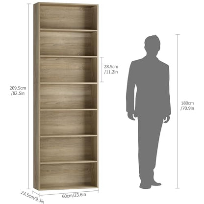 82" Tall Bookshelf, 7-Tier Open Shelves Bookcase, Freestanding Display Storage Shelves, Tall Bookcase Home Decor Furniture for Home Office, Living Room, Bedroom, Light Oak