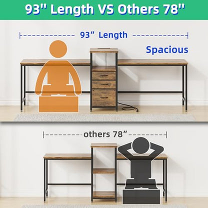 93'' Two Person Desk with Charging Station, Long Desk with 3 Drawers and Printer Shelf, Double Computer Desk, 2 Person Writing Study Table Workstation for Home Office, Rustic Brown