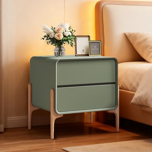 Minimalist Nightstand with Drawers & Tall Legs, Modern Solid Wood Night Stand with Nappa Leather, Storage Bedside Table for Bedrooms, Dorm, Rental, Apartment, New Home(Green,19.7in)