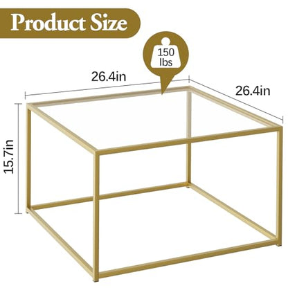 Glass Coffee Table, Small Square Coffee Table for Living Room,Simple Modern Center Tables for Small Spaces, Gold Living Room Tea Tables Easy Assembly,26 * 26in（Gold & Clear Glass）