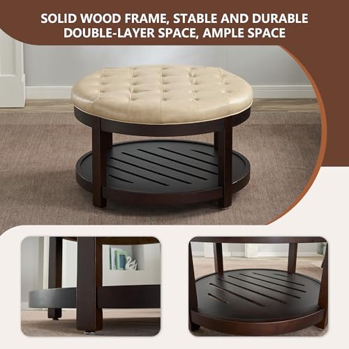 Round Coffee Tables for Living Room,33’’ Storage Ottoman with Wooden Tray, Upholstered Ottoman Footrest, Ivory