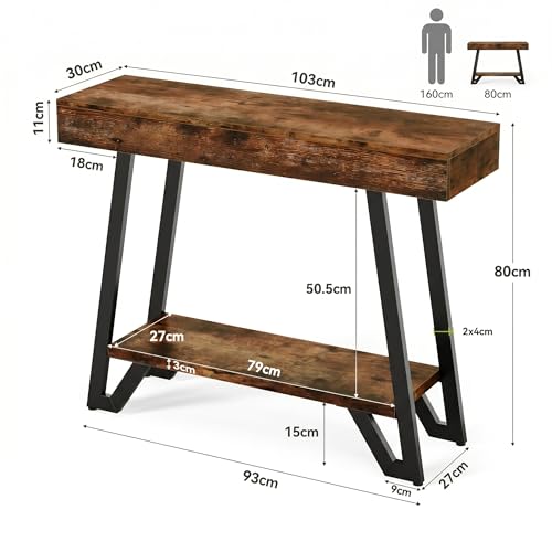41-Inch Console Table with Geometric Metal Frame, Rustic Brown, Entryway Tables, Storage Shelves, 2-Tier, Industrial, Hallway Sofa Table, Accent Table, Living Room