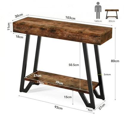 41-Inch Console Table with Geometric Metal Frame, Rustic Brown, Entryway Tables, Storage Shelves, 2-Tier, Industrial, Hallway Sofa Table, Accent Table, Living Room