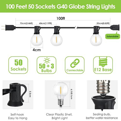 100Ft LED Outdoor String Lights, Dimmable Patio Lights, view 3