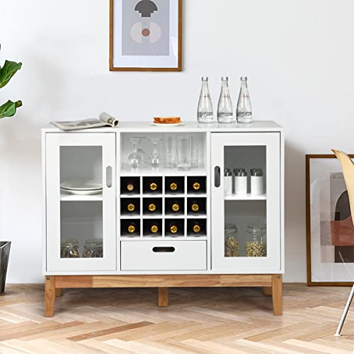 Kitchen Storage Sideboard, Coffee Bar Cabinet w/ 12 Bottle Wine Rack, 2-Doors Transparent Cabinet, 3-Position Adjustable Shelf, One Drawer, Dining Buffets Cabinet for Kitchen Entryway