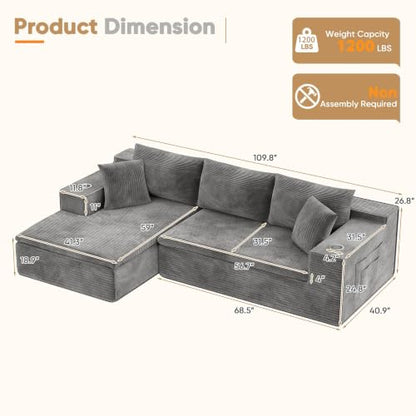 109" Boneless Couch with Memory Foam, Modular Sectional Sofa with L-Shape Chaise, Cloud Couch with Deep Seat, Dual Cup Holders & Side Pockets, No Assembly Required (Gray)