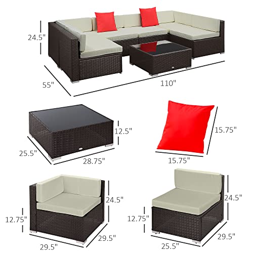 7 Piece Patio Furniture Set, Wicker Outdoor Sectional Sofa Set, All Weather PE Rattan Outdoor Furniture Conversation Sets with Cushions, Glass Top Coffee Table, Pillows, Cream White